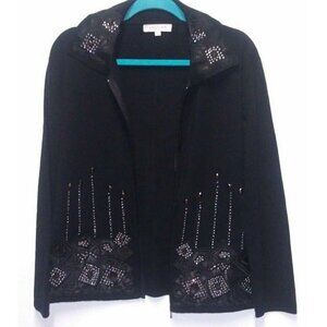 Womens Cardigan Sweater VTG JAGUAR black embellished Sz M button-up Party wear